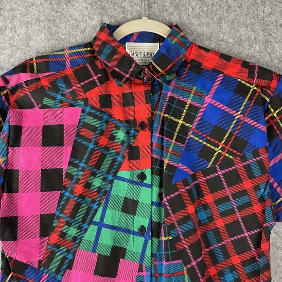 Vintage Casey & Max Top Womens Small Plaid Button Up Short Sleeve Retro 80s NEW - Picture 2 of 13